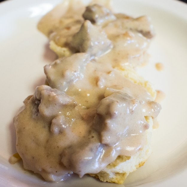 Biscuits and Sausage Gravy, a traditional American breakfast dish